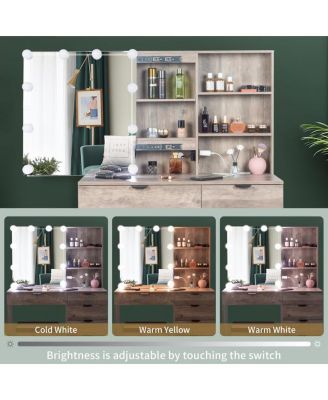 6 Drawers, 2 Shelves, 3 Light Bulbs Mirror Cabinet Dressing Table Set Elegant Vanity with Ample Storage and LED Lighting