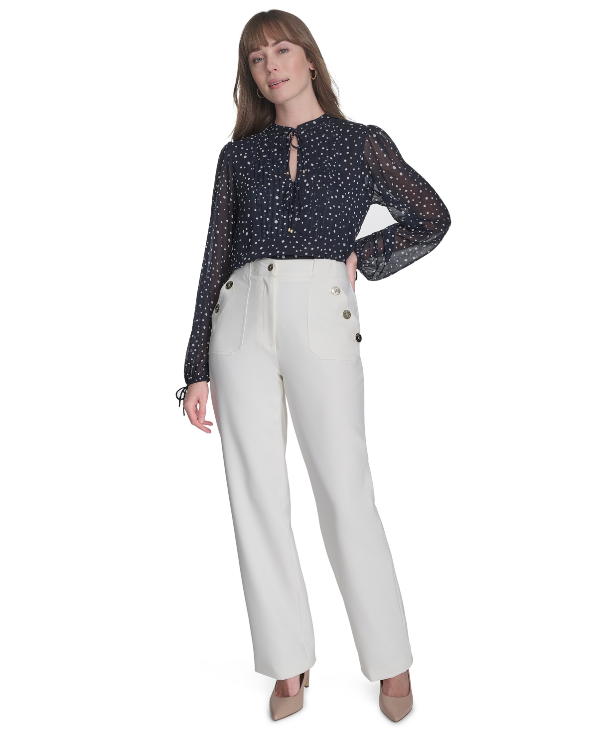 Tommy Hilfiger Women's Tie-front Popover Blouse In Midnight,ivory