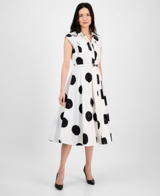 Women's Dot-Print Belted Fit & Flare Dress