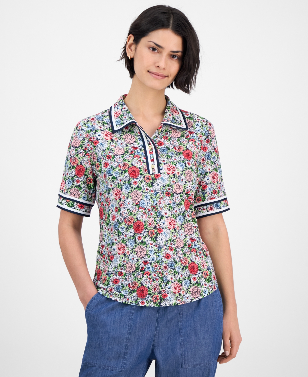 Nautica Jeans Women's Floral-print Polo Shirt In Bloom Multi