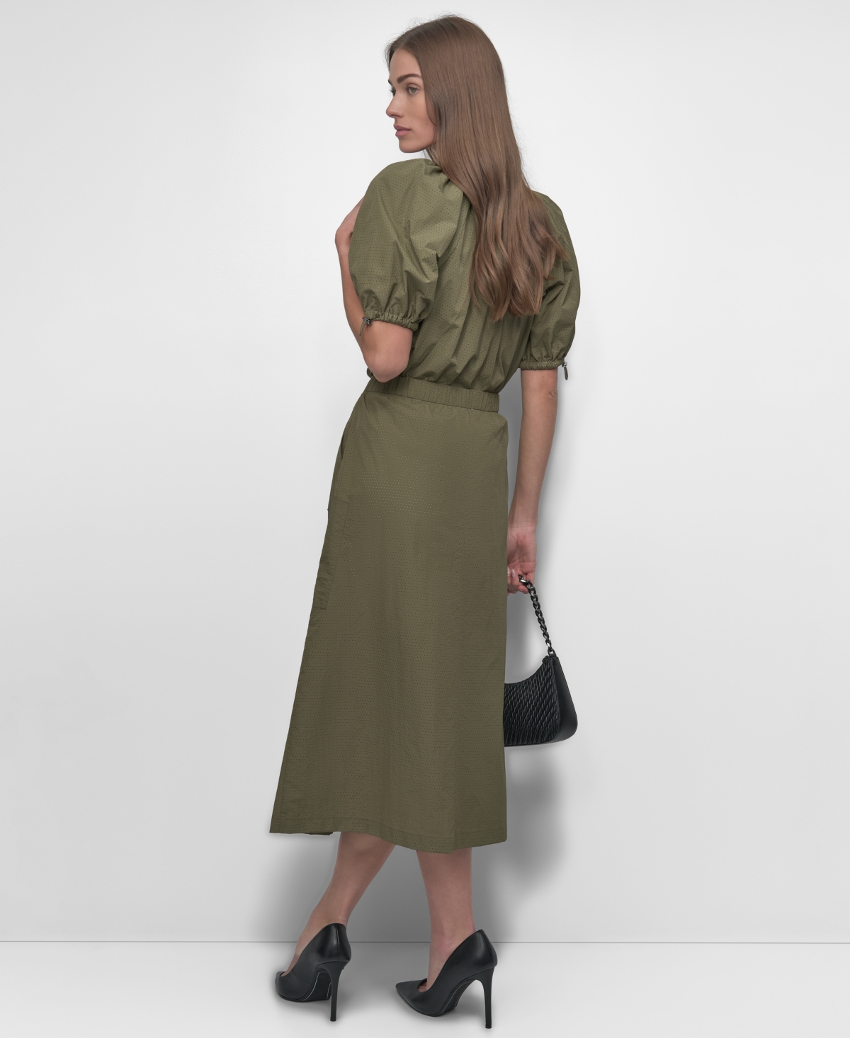 Shop Dkny Women's Bungee-sleeve Perforated Tech Top In Utility Green