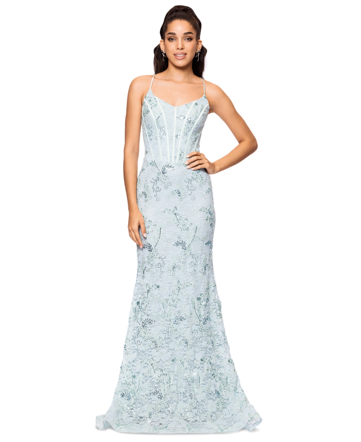 Betsy & Adam Women's Sequined Lace Corset Gown In Aqua