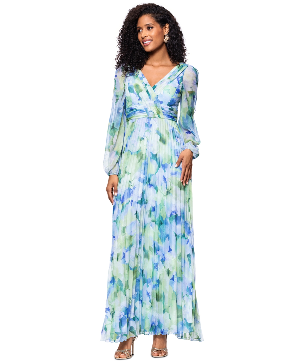BETSY & ADAM WOMEN'S FLORAL-PRINT PLEATED GOWN 