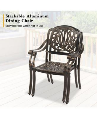 Set of 2 Cast Aluminum Patio Dining Chairs, Stackable Outdoor Bistro Chairs with Armrests for Balcony Backyard Garden Deck