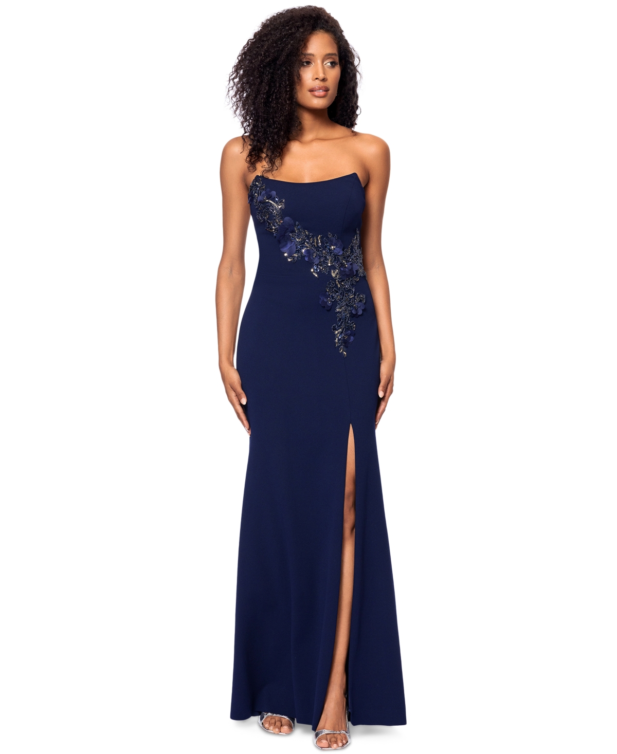 Betsy & Adam Women's Embroidered Strapless Gown In Navy