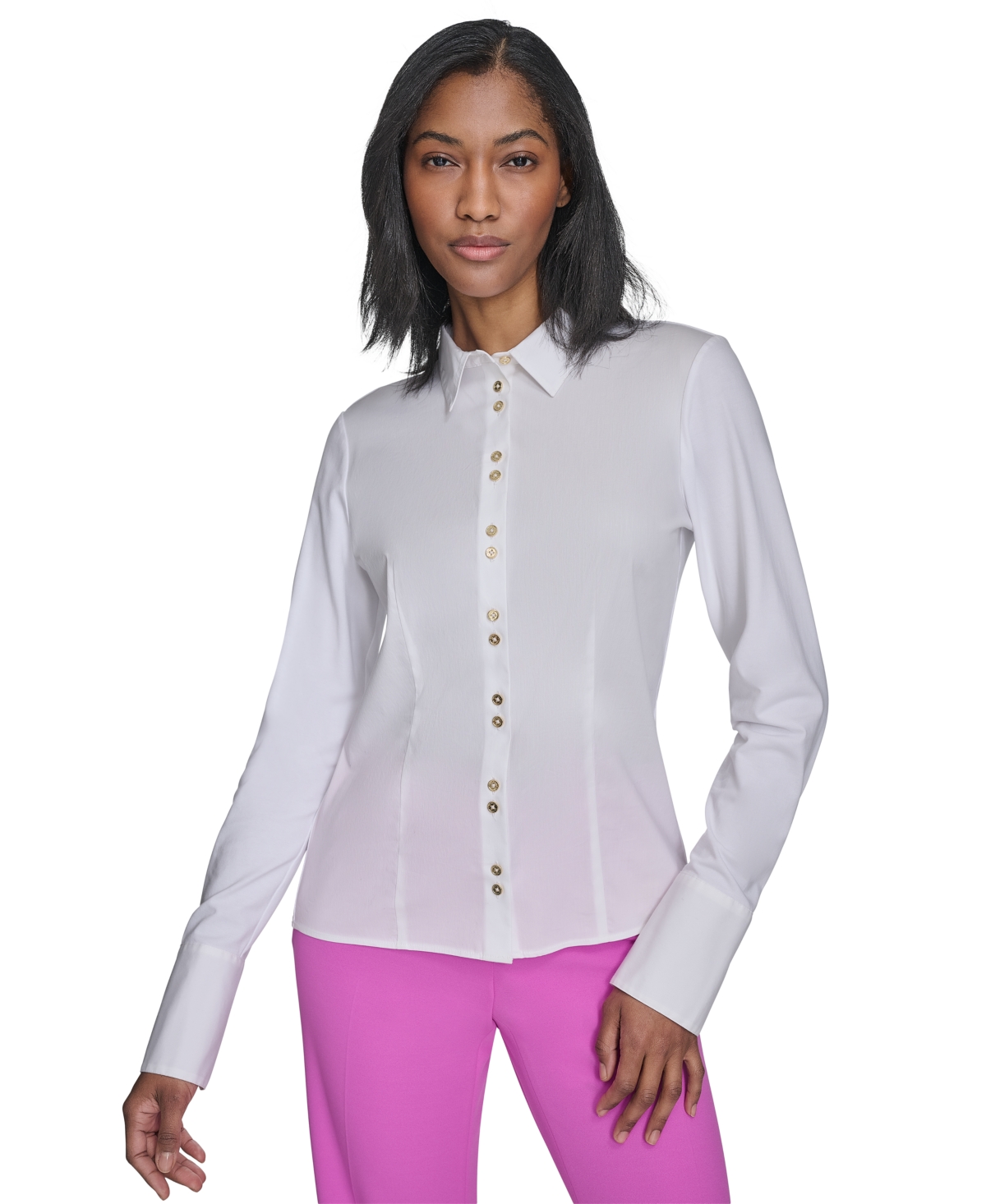 Halson Women's Mixed-Media Collared Button-Front Blouse - White