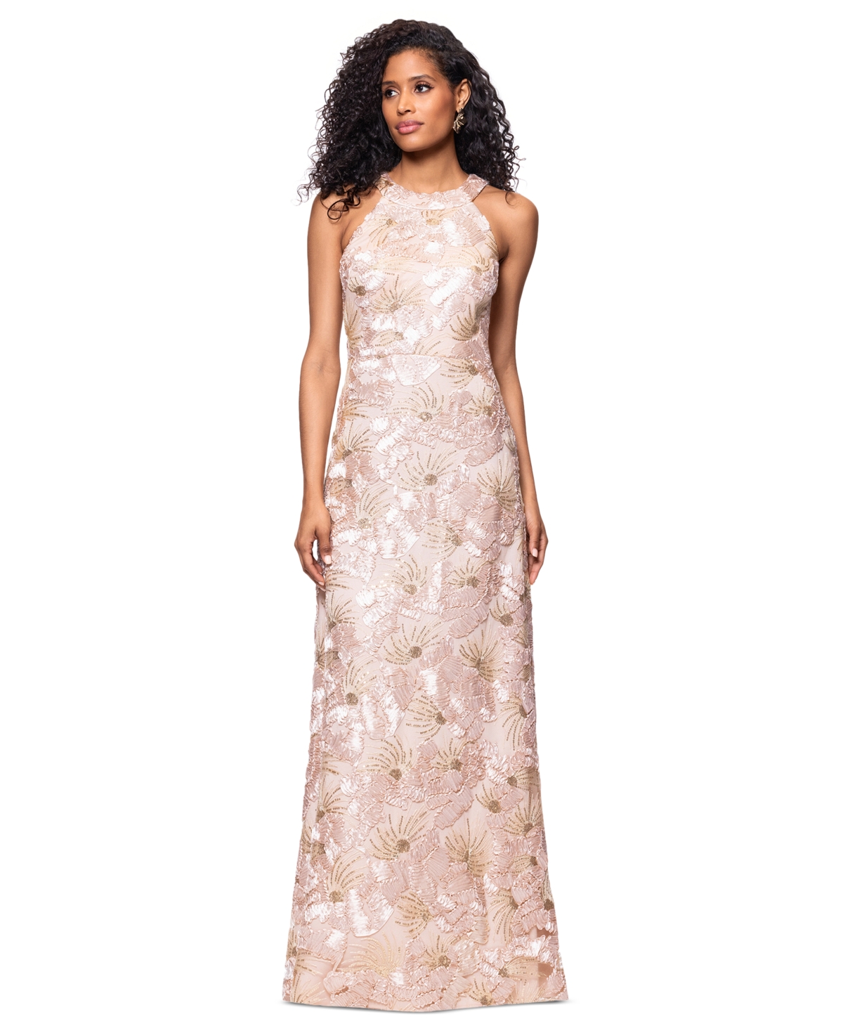 BETSY & ADAM WOMEN'S SEQUINED SOUTACHE HALTER GOWN 