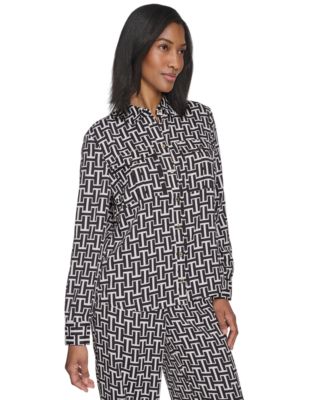 Women's Geo-Print Collared Patch-Pocket Shirt