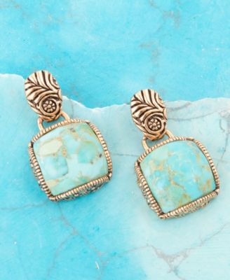 Carved Blue Turquoise Golden Square Drop Earrings