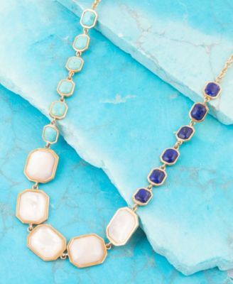 Dual Color Blue Lapis Turquoise and White Mother of Pearl Golden Octagon Necklace