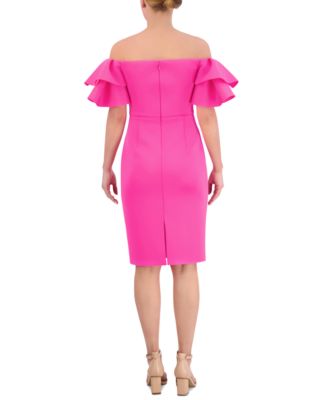  Women's Ruffle-sleeve Sheath Knee Length Dress