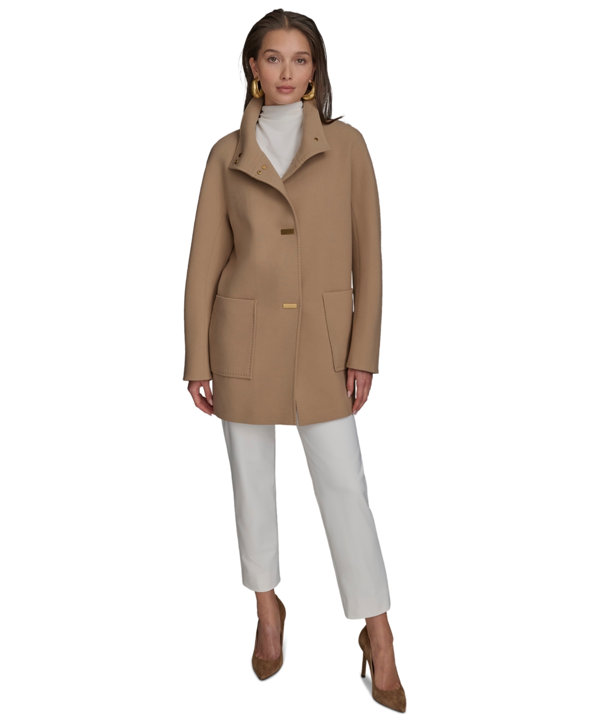 Women's Crepe Stand-Collar Coat - Black