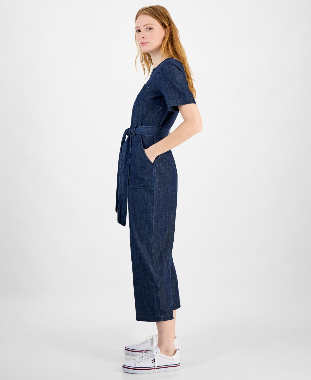 Tommy Hilfiger Women's Denim Zip-front Belted Jumpsuit In Dark Benson
