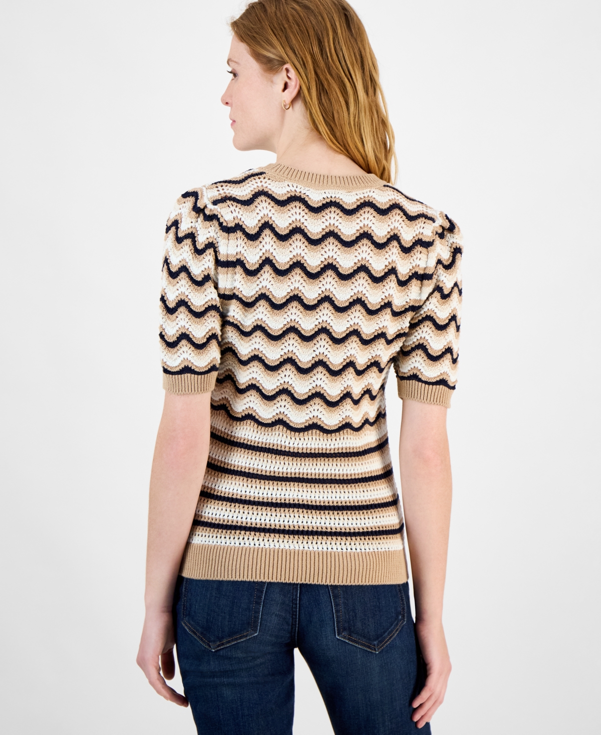 Tommy Hilfiger Women's Cotton Striped Pointelle Sweater In Sand Mutli