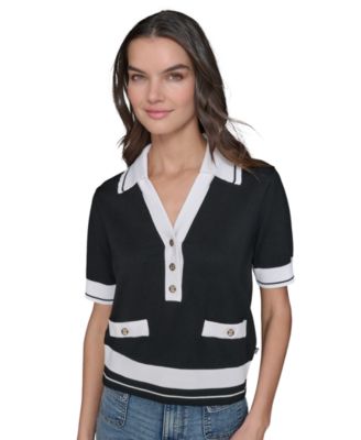 KARL LAGERFELD PARIS - Petite Short-Sleeve Tipped Polo Sweater