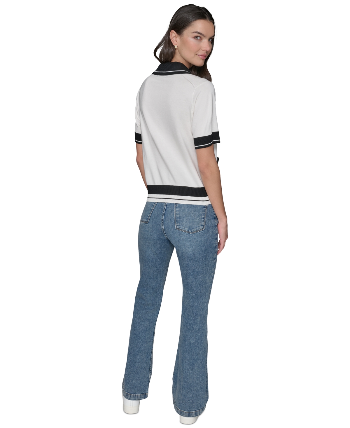 Shop Karl Lagerfeld Petite Short-sleeve Tipped Polo Sweater In Soft White,black