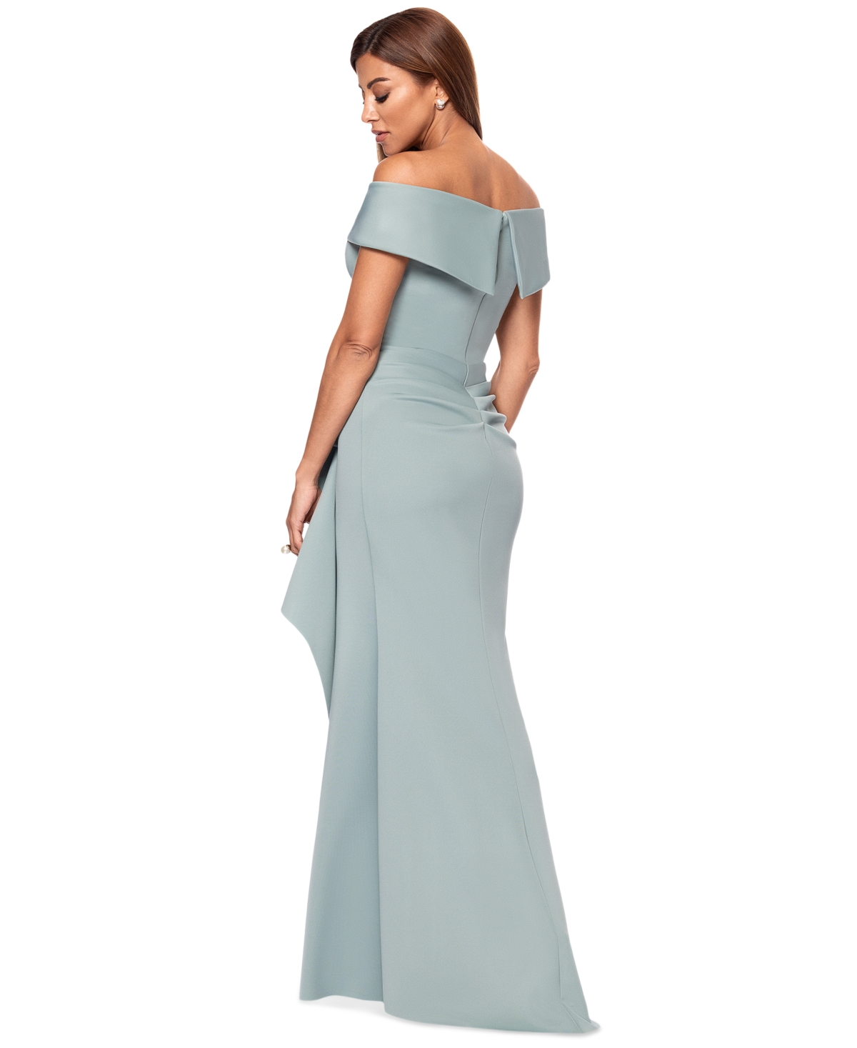 Xscape Off The Shoulder Embroidered Gown In Sage