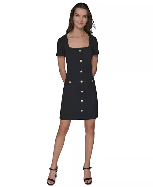 women's flower-button square-neck sheath dress