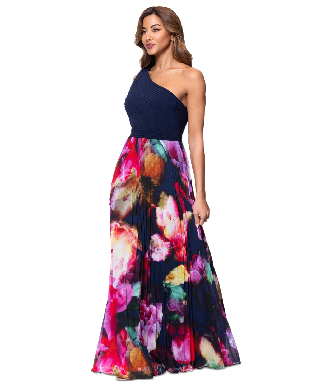 Xscape Petite Printed One-shoulder Gown In Navy Fuschia