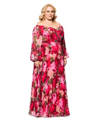 Plus Size Floral Off-The-Shoulder Pleated Gown