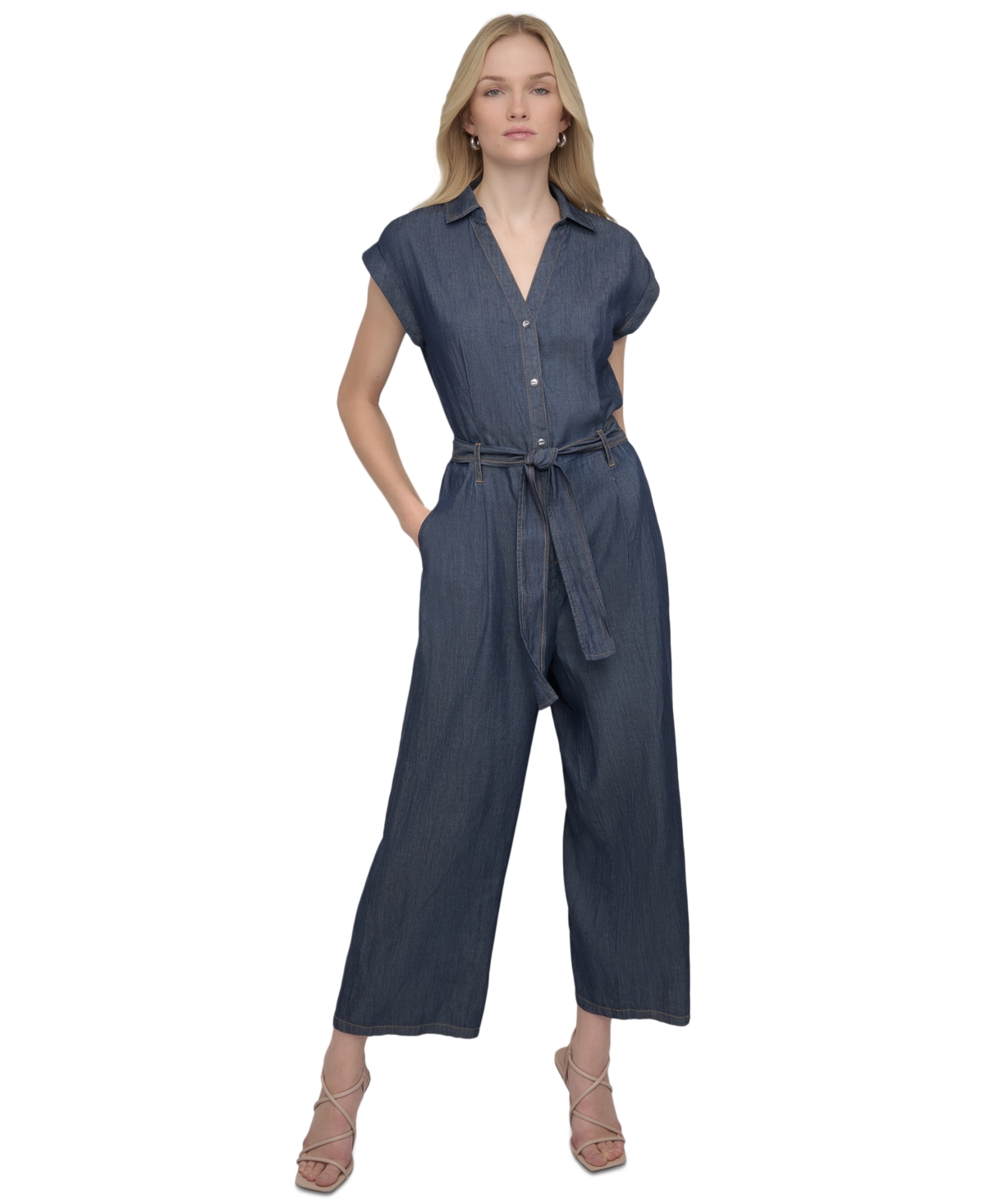 Women's Point Collar Tie-Waist Chambray Jumpsuit - Dark Benson