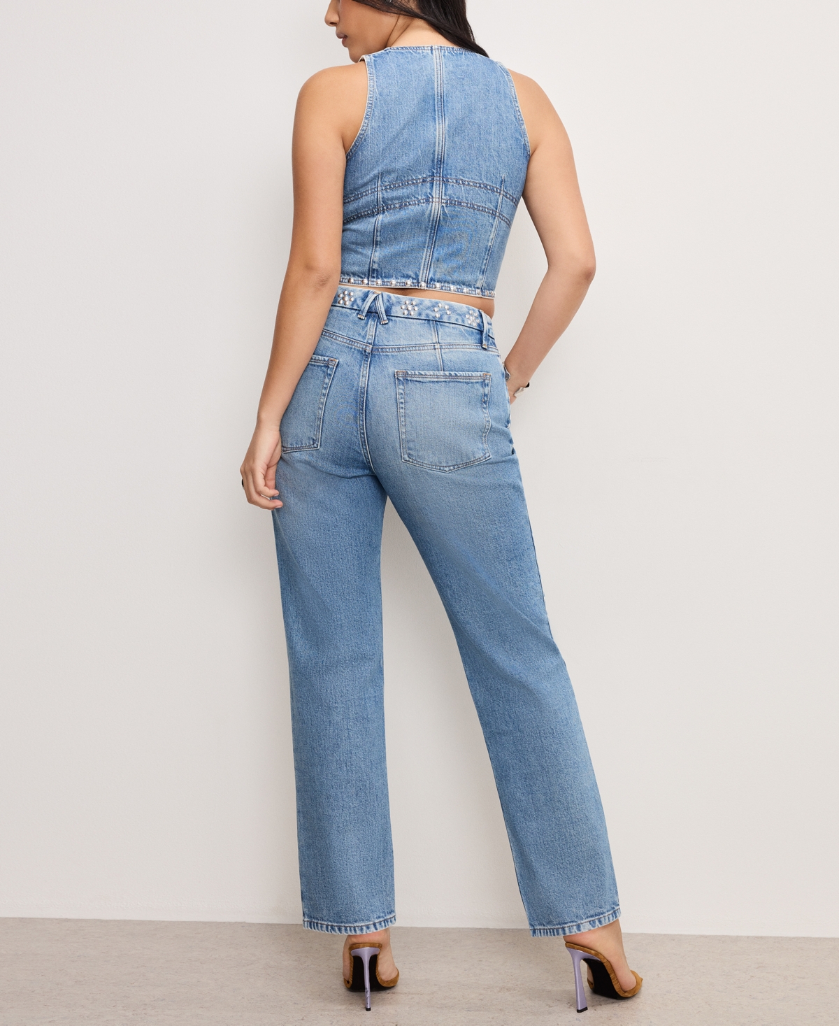 GOOD AMERICAN WOMEN'S STUDDED V-NECK DENIM VEST 