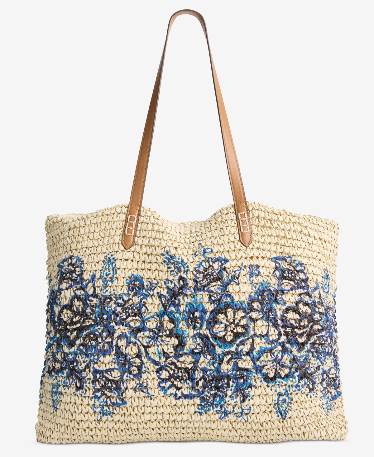 Extra-Large Blue Floral Straw Tote, Exclusively at Macy's - Blue Floral