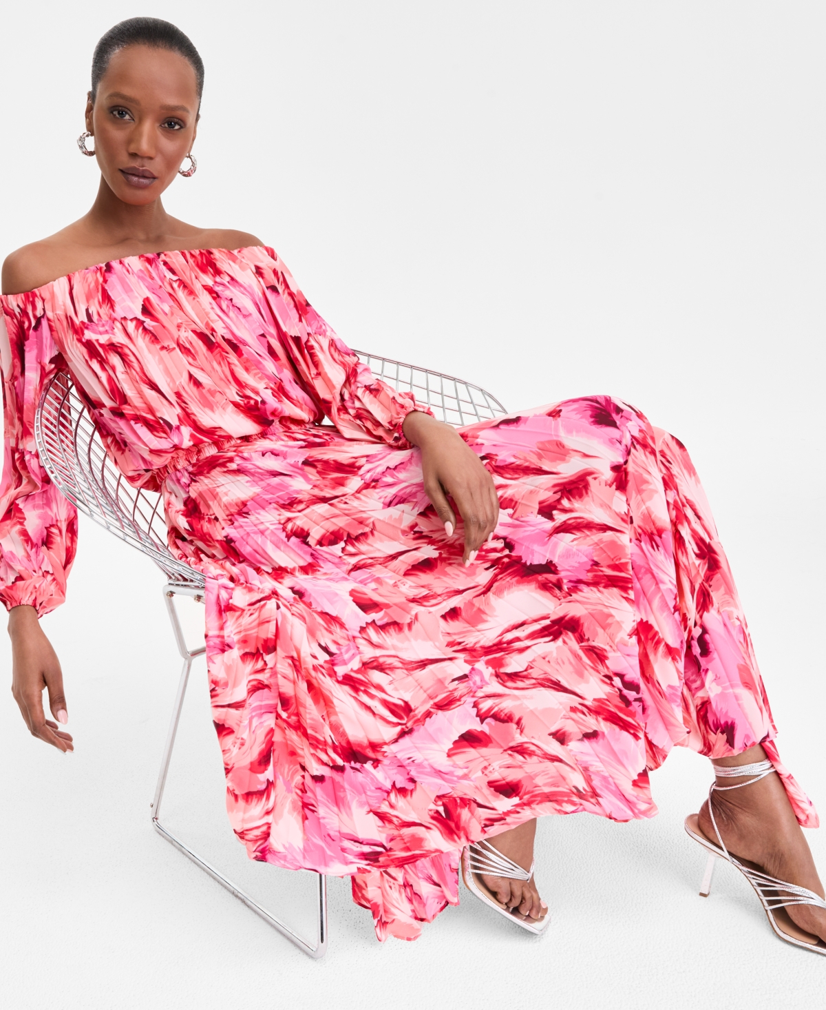 Inc International Concepts Women's Printed Pleated Off-the-shoulder Maxi Dress, Exclusively At Macy's In Vera Bouqu