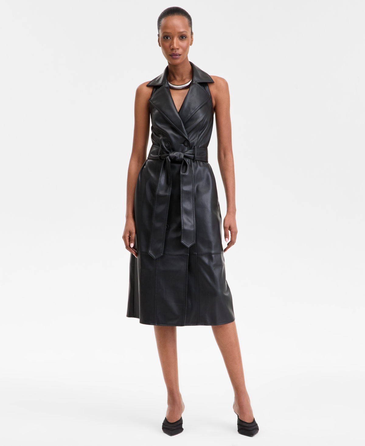 Women's Tie-Waist Notch-Collar Trench Dress, Exclusively at Macy's - Deep Black