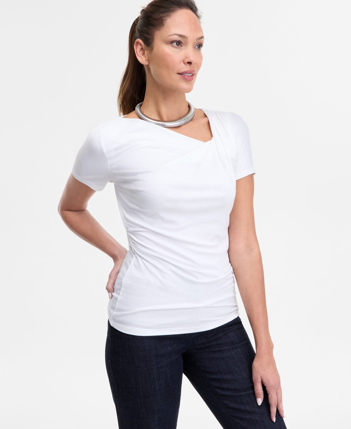 Women's Asymmetric-Neck Top, Exclusively at Macy's - Bright Whi