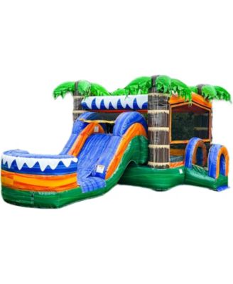 Tropical Commercial Grade Bounce House Water Slide with Splash Pool for Kids and Adults (with Blower), 15oz PVC Vinyl, Basketball Hoop, Wet Dry Combo, Outdoor Indoor, Big Inflatable