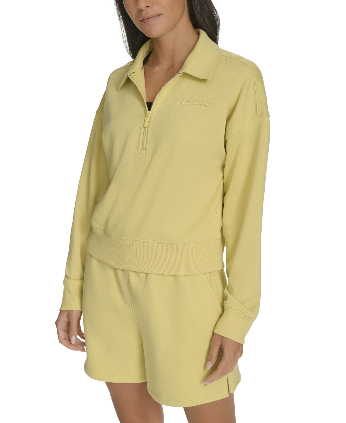 Calvin Klein Women's French Terry Collared Half-zip Pullover Top In Muted Lime