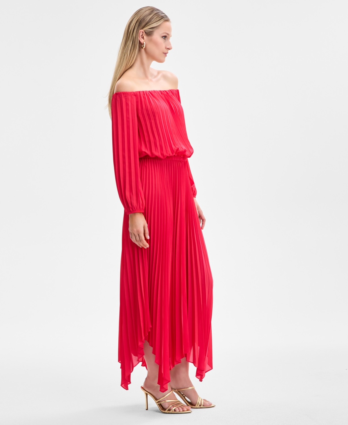 Shop Inc International Concepts Women's Printed Pleated Off-the-shoulder Maxi Dress, Exclusively At Macy's In Fresh Lips