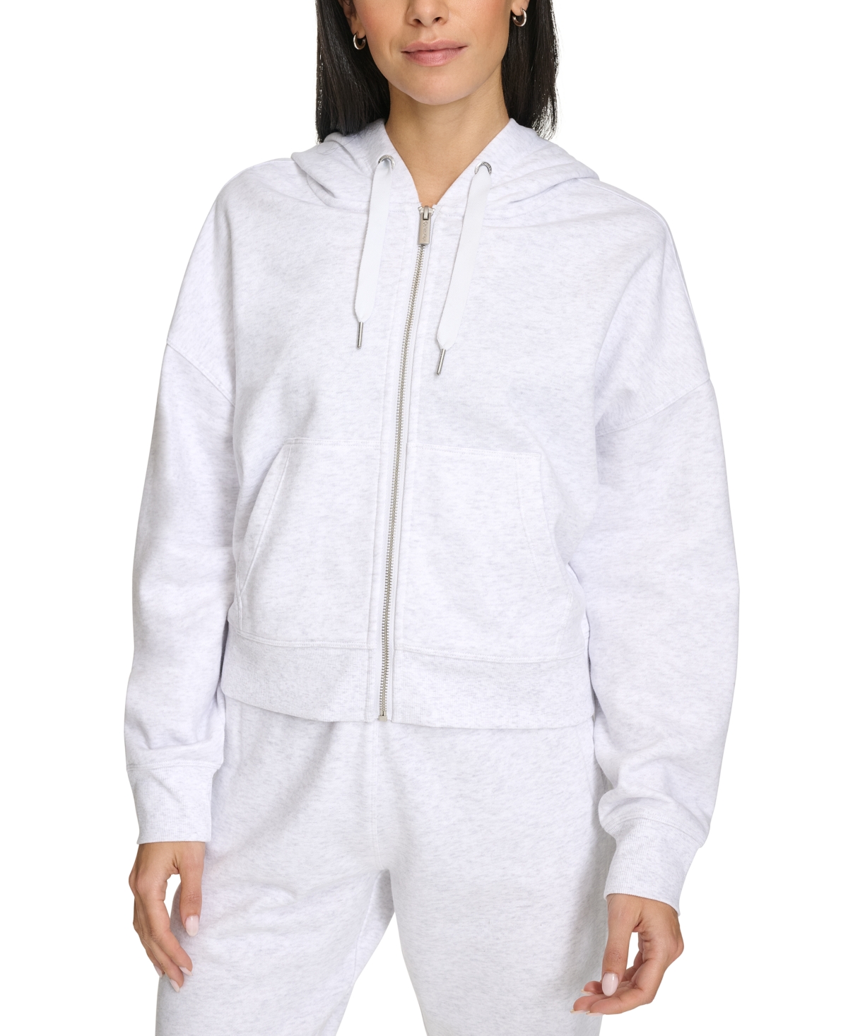 Shop Calvin Klein Women's Fleece Crop Zip-front Long-sleeve Hoodie In Optic Heather