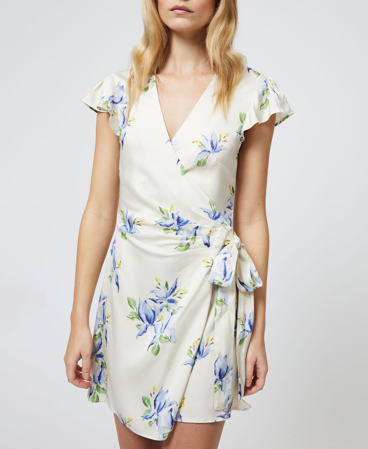 French Connection Ennis Vivian Floral Satin Wrap Minidress In Pale Iris Multi