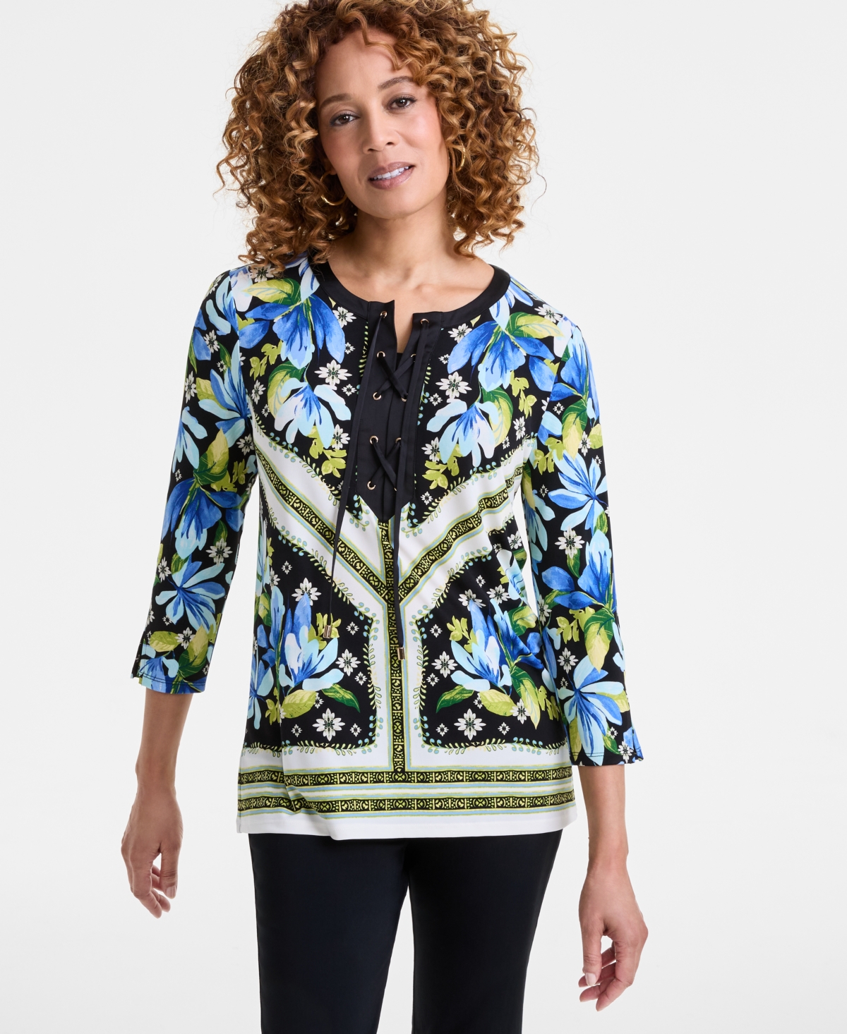 JM COLLECTION WOMEN'S PRINTED LACE-UP 3/4-SLEEVE TOP, EXCLUSIVELY AT MACY'S 