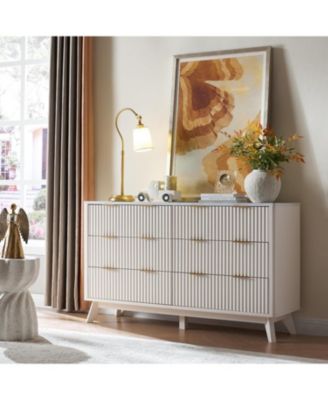 Fluted 6 Drawers Dresser, 54&amp;quot; Wide Modern Chest of Drawers with Faux Marble Top, Curved Profile Design, Dresser TV Stand, Wood Drawer Organizer for Bedroom, Living Room, Hallway, Solid White