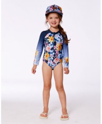 Girl Printed Long Sleeve Rashguard Navy And Yellow And Pink Flowers - Toddler|Child