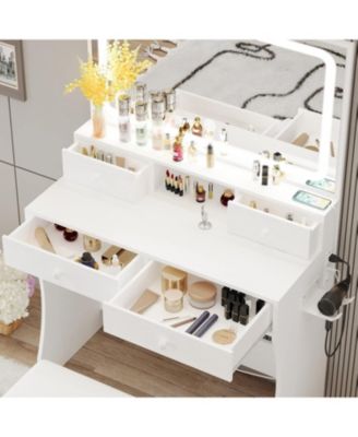 Vanity Desk with LED Lighted Mirror & Power Outlet & 4 Drawers