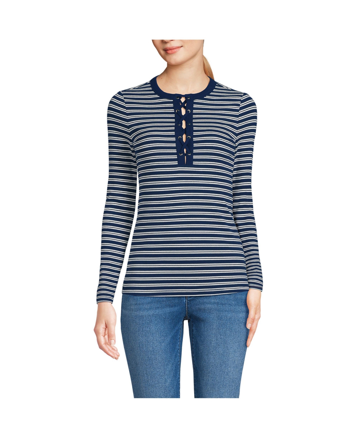 Women's Polished Rib Tie Henley Top - Ivory/berry rouge dual stripe
