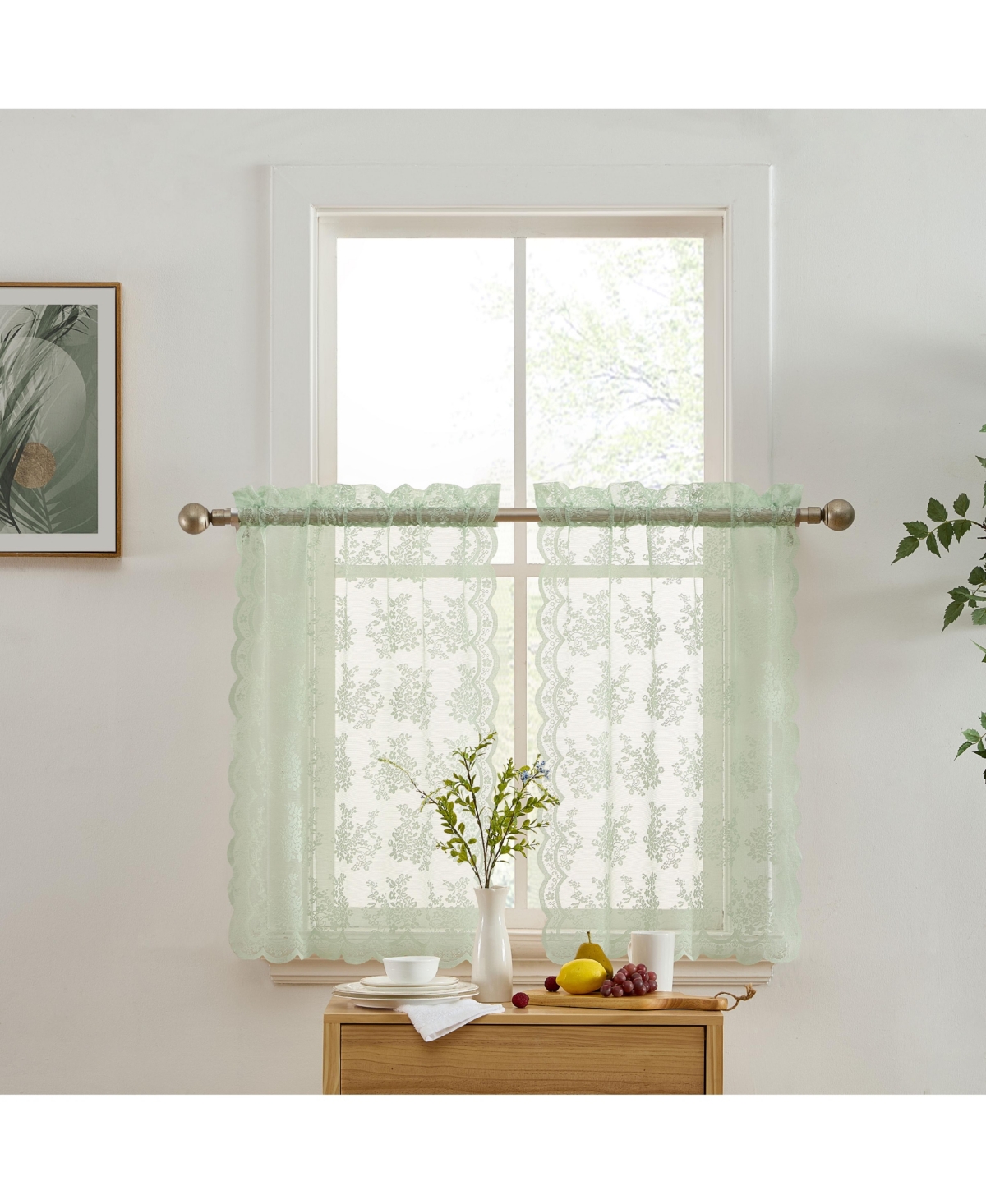 Hlc.me Jolene Floral Rod Pocket Lace Semi Sheer Voile Short Cafe Tiers for Small Windows - 28 x Inch Length (Seafoam Green Tiers
