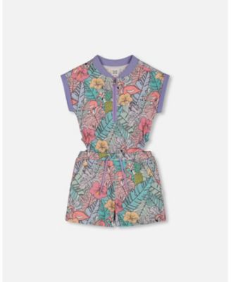 Toddler Girls Printed French Terry Romper Lilac Tropical And Pink Flamingos - Toddler|Child