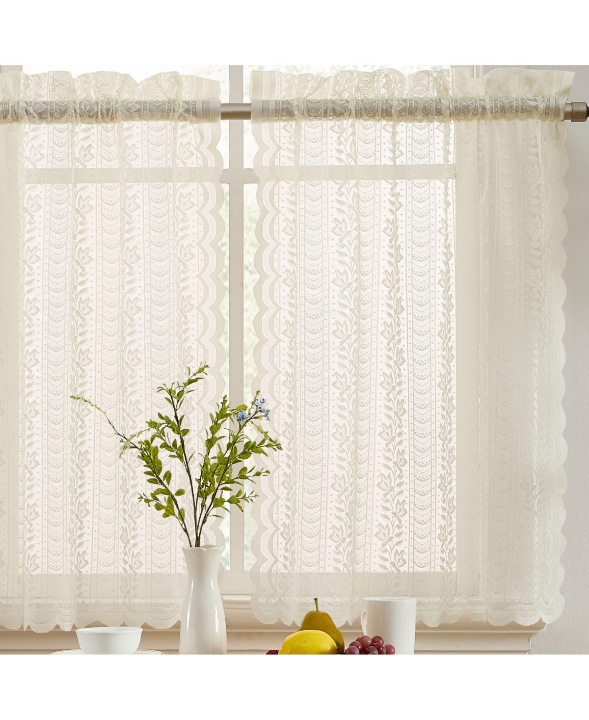 Sophia Floral Rod Pocket Lace Semi Sheer Voile Short Cafe Tiers for Small Windows - 28 x 36 Inch Length (Ivory Tiers, Set of 2) - Ivory