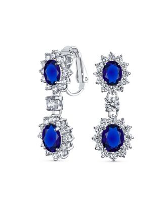 Crown Halo Pave Cubic Zirconia CZ Drop Dangling Oval Chandelier Clip On Earrings Statement Non-Pierced