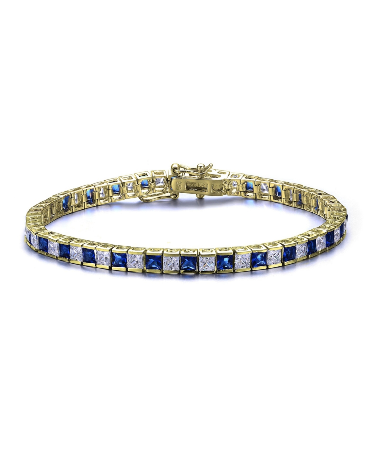 Sterling Silver with Square Colored Cubic Zirconia Stylish Tennis Bracelet in White Gold Plated or 14K Gold Plated - Blue