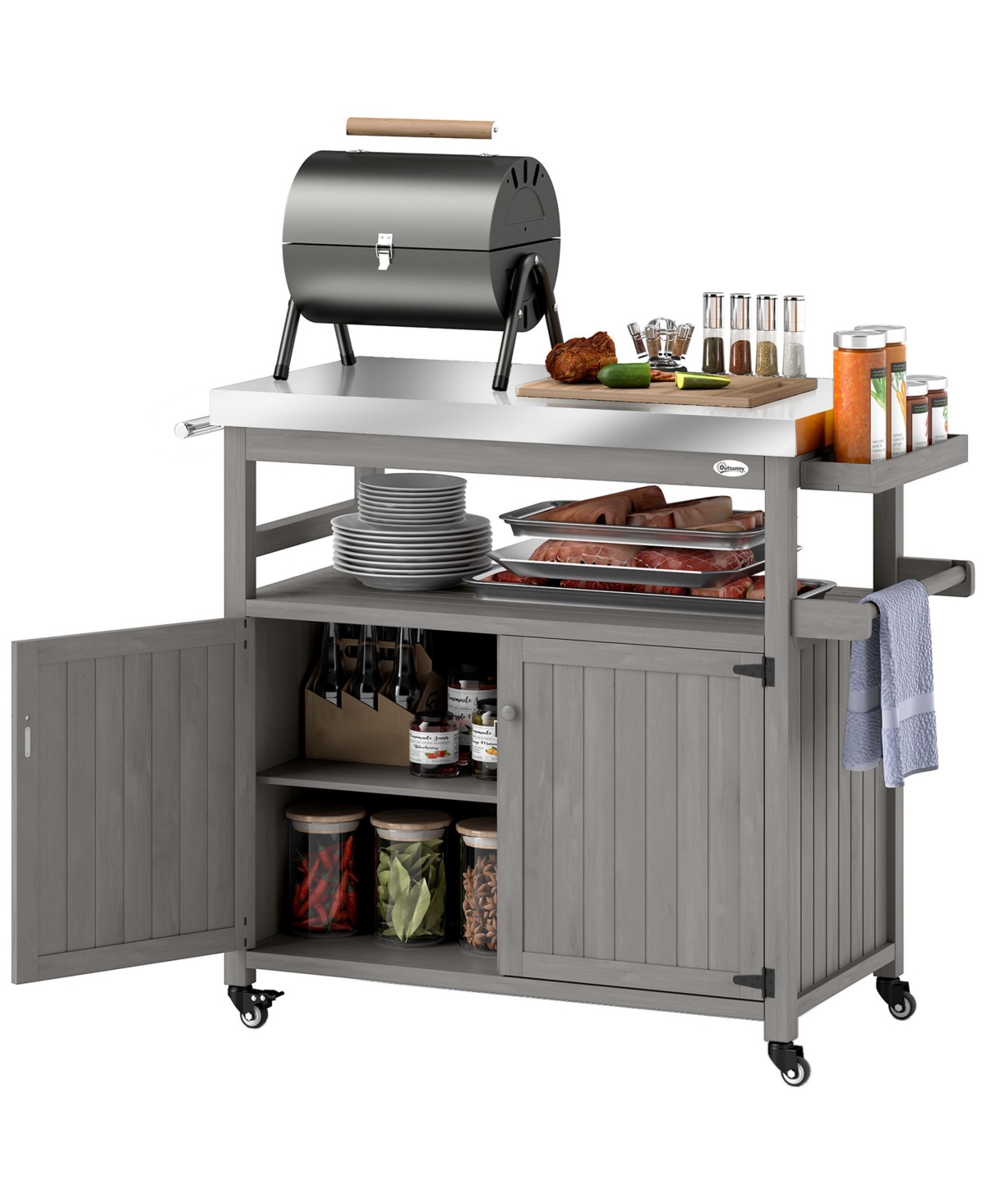 Grill Cart, Kitchen Island with Storage Cabinets, - Natural wood