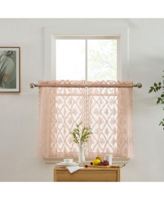 Isabella Floral Rod Pocket Lace Semi Sheer Voile Short Cafe Tiers for Small Windows - 28 x 36 Inch Length (Blush Pink Tiers, Set of 2)