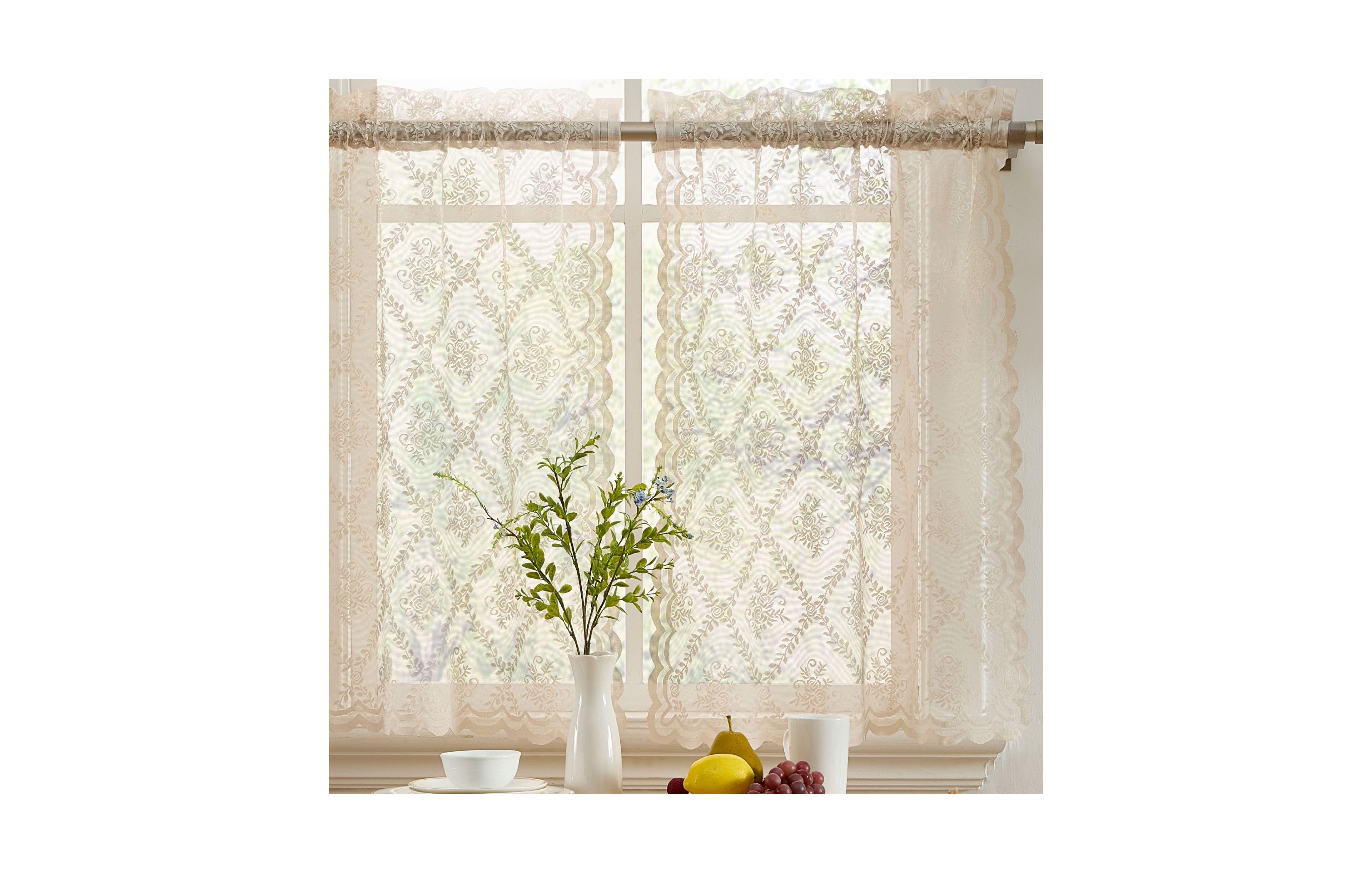 Hlc.me Isabella Floral Rod Pocket Lace Semi Sheer Voile Short Cafe Tiers for Small Windows - 28 x 24 Inch Length (Taupe Tiers, Set of 2)