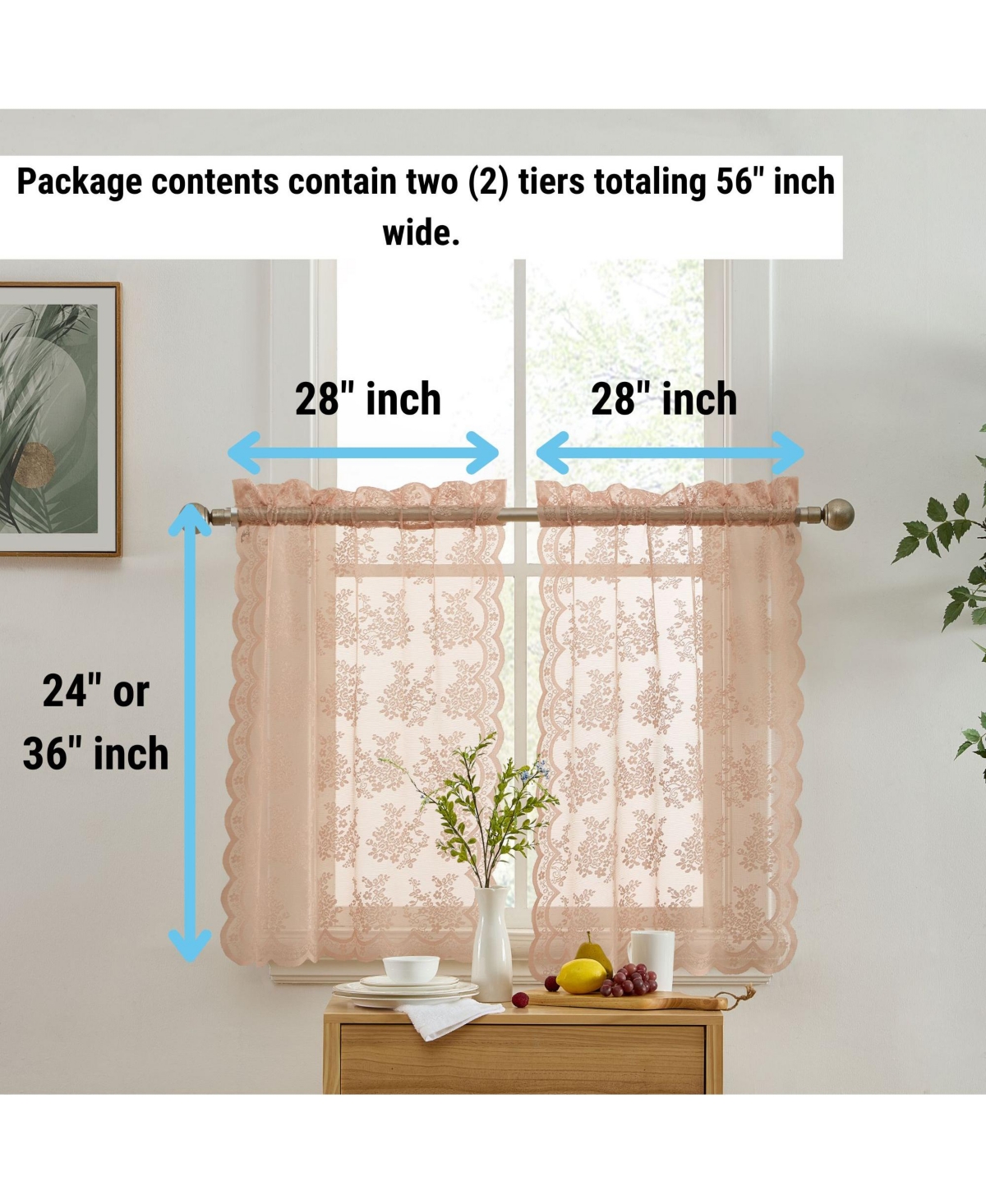 Hlc.me Jolene Floral Rod Pocket Lace Semi Sheer Voile Short Cafe Tiers for Small Windows - 28 x Inch Length (Blush Pink Tiers