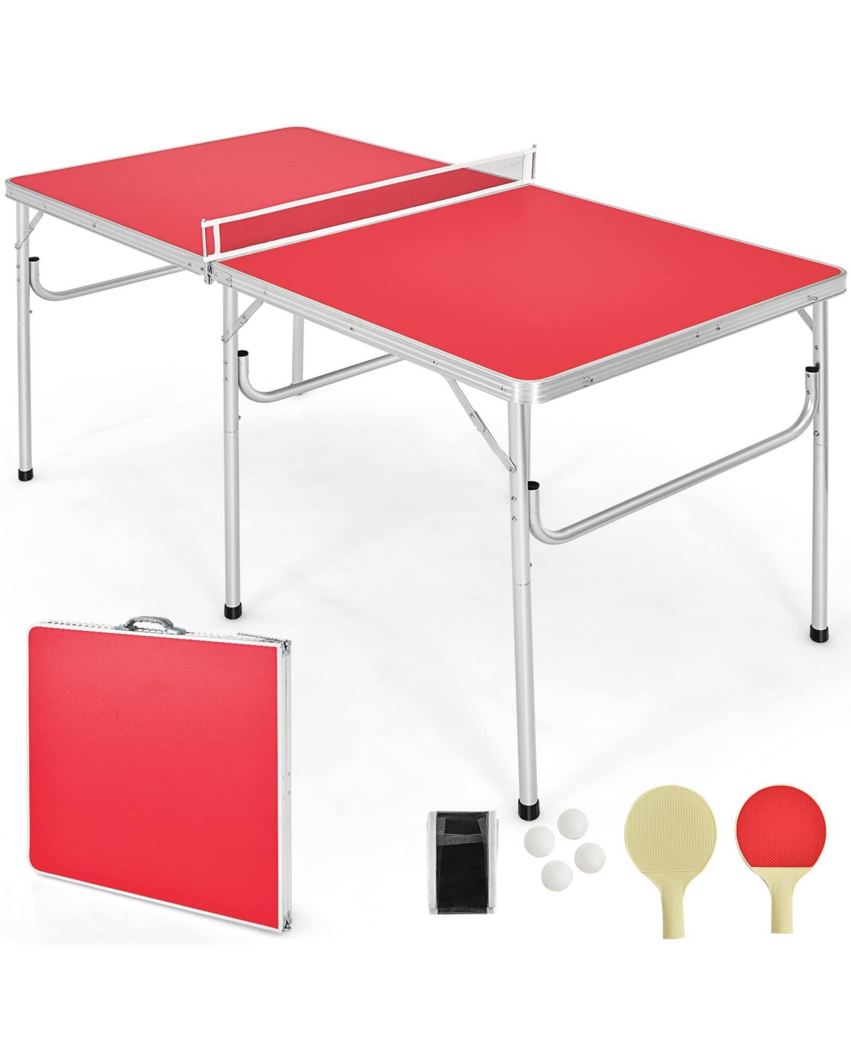 60 Inch Portable Tennis Ping Pong Folding Table with Accessories - Red
